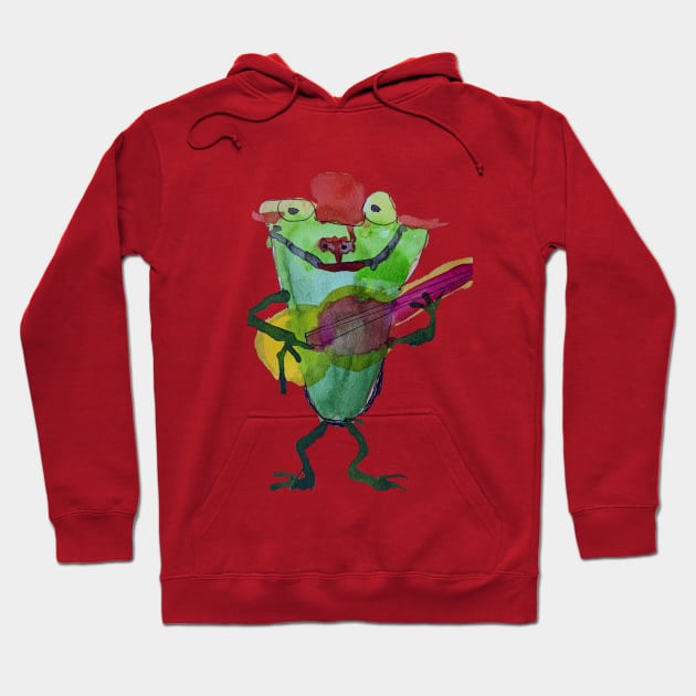 A Frog with a Guitar in Watercolors Hoodie by Rita Winkler